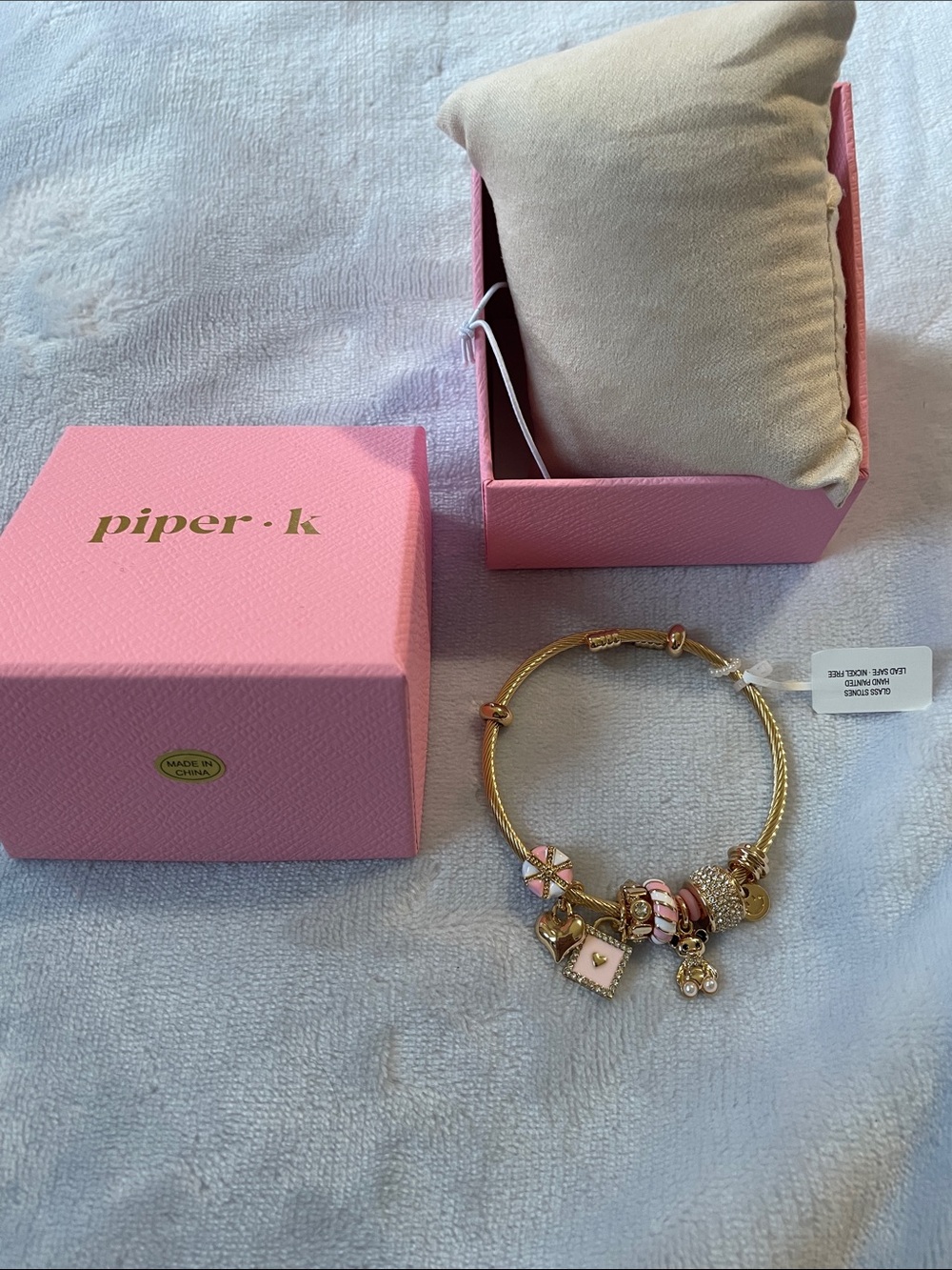 Piper K Gold Bangle Bracelet with Pink Enamel Charms